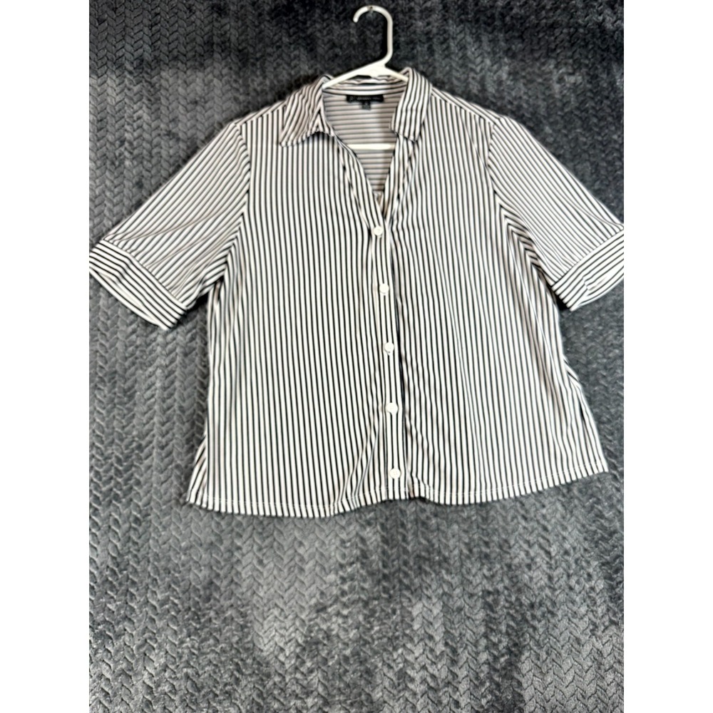 Adrianna Papell Shirt Womens Medium White Black Striped Short Sleeve Button Up